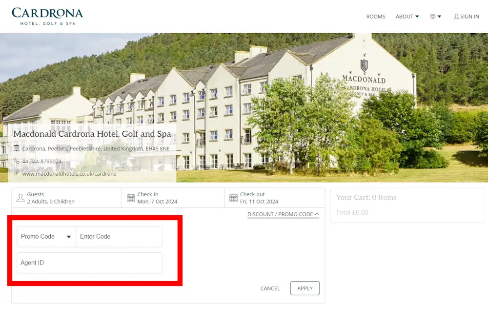 Screenshot showing where to apply a Macdonald Hotels promo code during checkout on www.macdonaldhotels.co.uk.