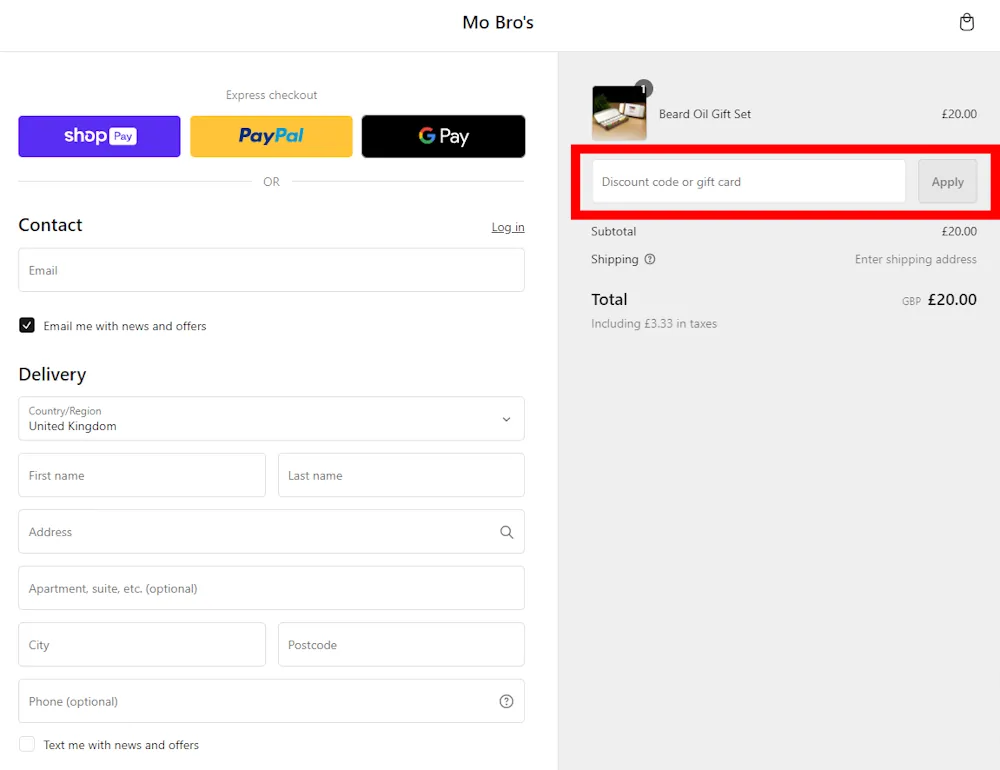 Instructions how to enter a verified discount code for Mo Bro's on mobros.co.uk