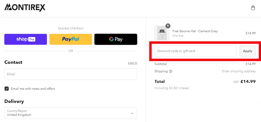How to enter a Montirex voucher code in the checkout area on montirex.com