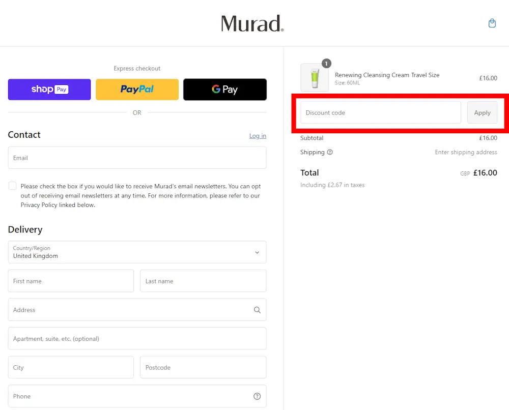 Instructions on how to enter our verified discount code for Murad at checkout on murad.co.uk.