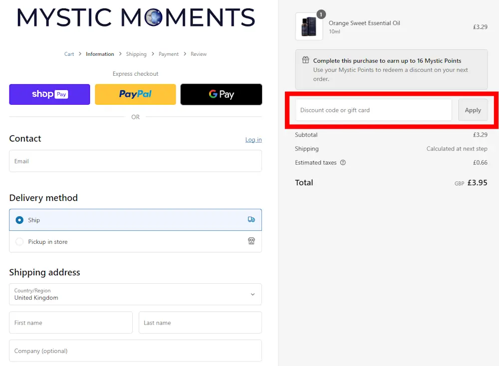 How to enter a Mystic Moments voucher code in the checkout area on mysticmomentsuk.com