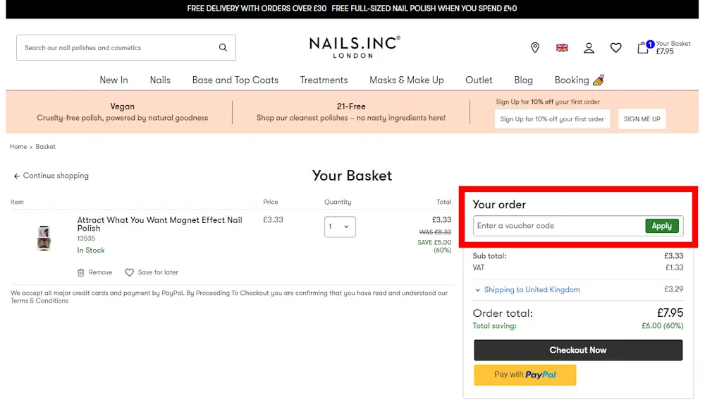 Instructions on how to enter our verified discount code for Nails Inc on nailsinc.com