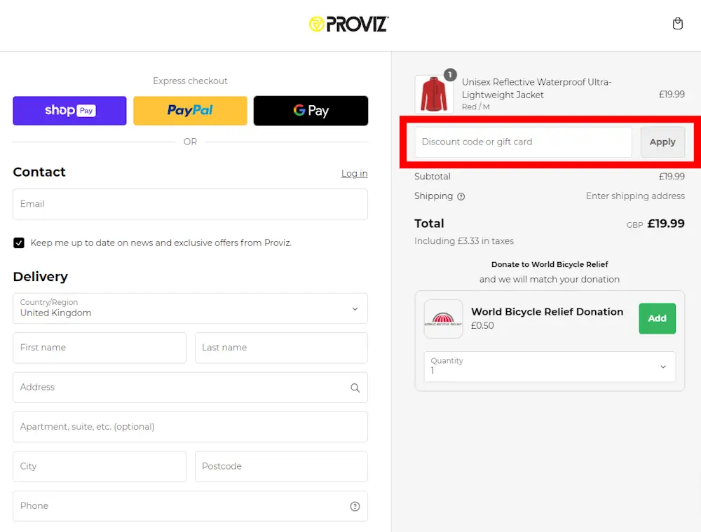 Screenshot showing where to apply a Proviz code on provizsports.com