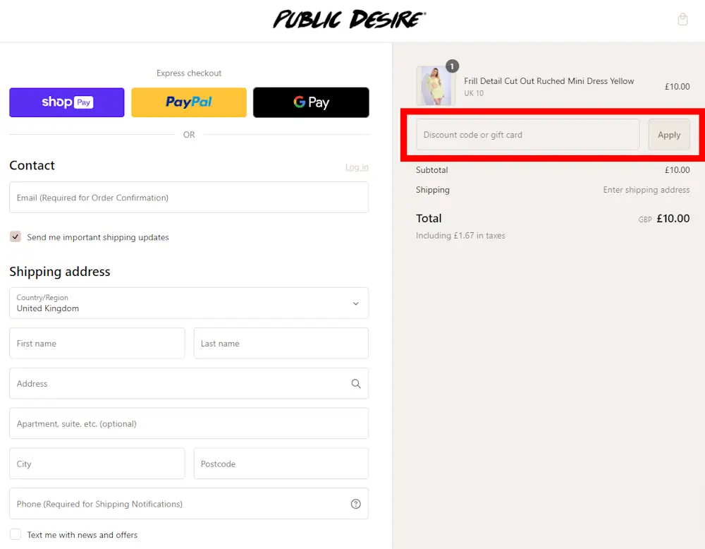 Screenshot showing where to apply a Public Desire promo code during checkout on www.publicdesire.com.