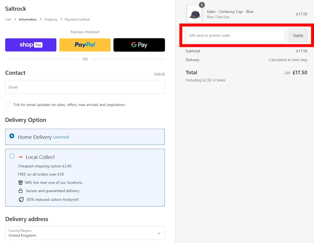 Instructions how to enter a discount code for Saltrock on www.saltrock.com