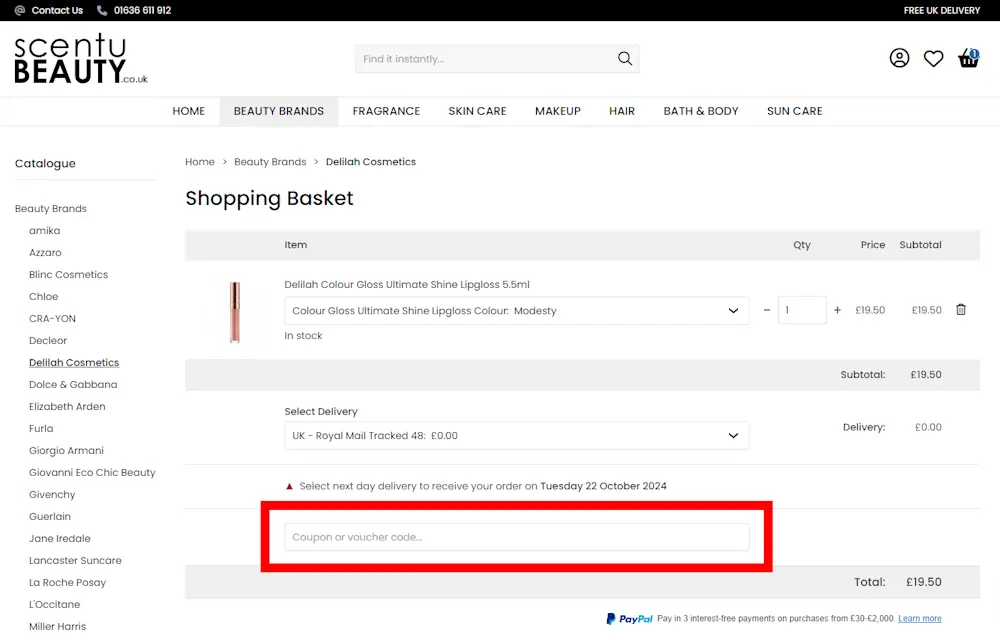 Screenshot how to enter a discount code for Scentu Beauty on scentubeauty.co.uk