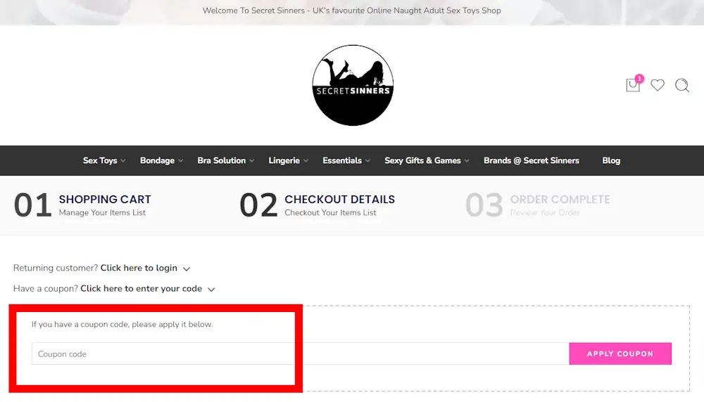 Screenshot showing where to apply a Secret Sinners promo code during checkout on www.secretsinners.co.uk.