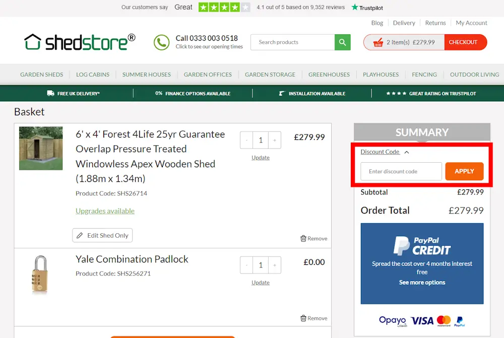 Instructions how to enter a discount code for Shedstore on www.shedstore.co.uk
