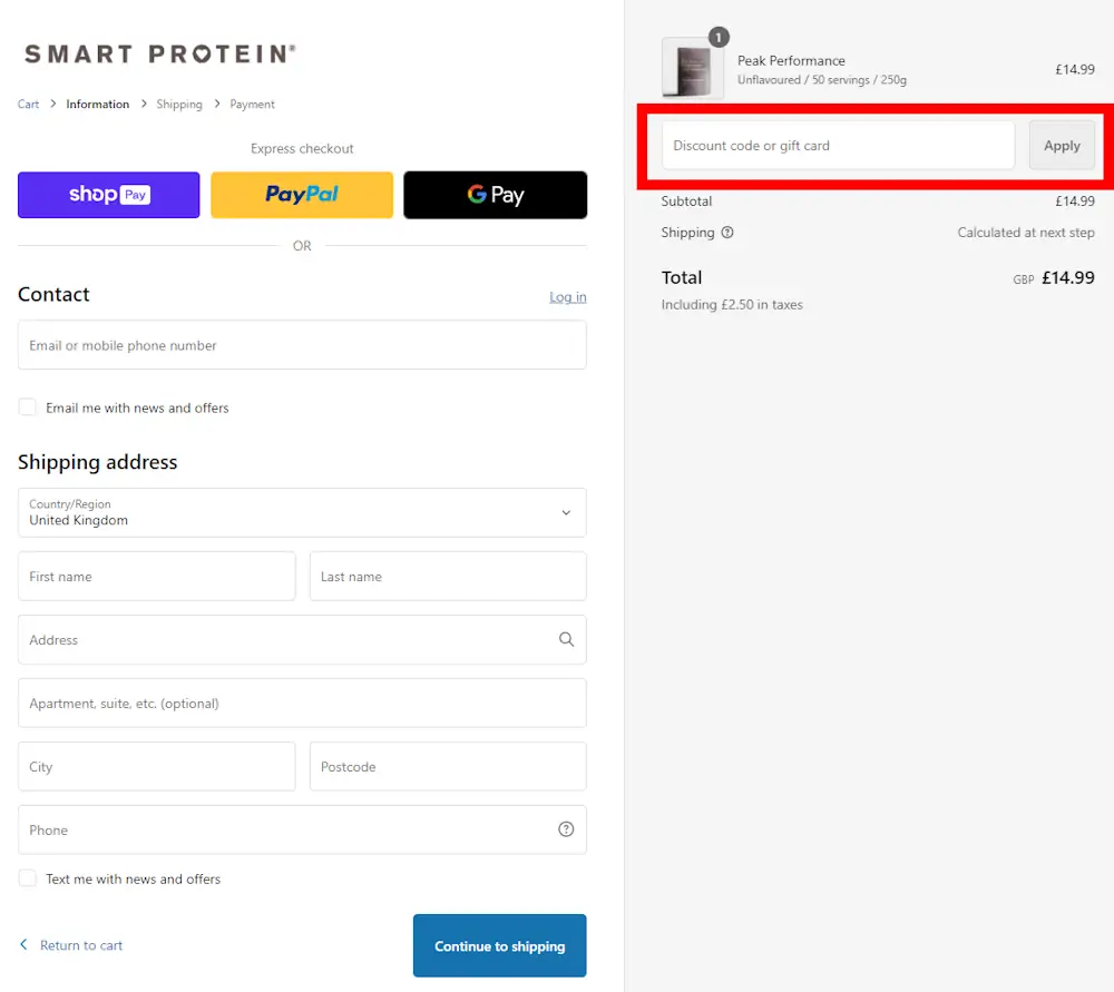 How to enter a Smart Protein voucher code in the checkout area on smartprotein.com