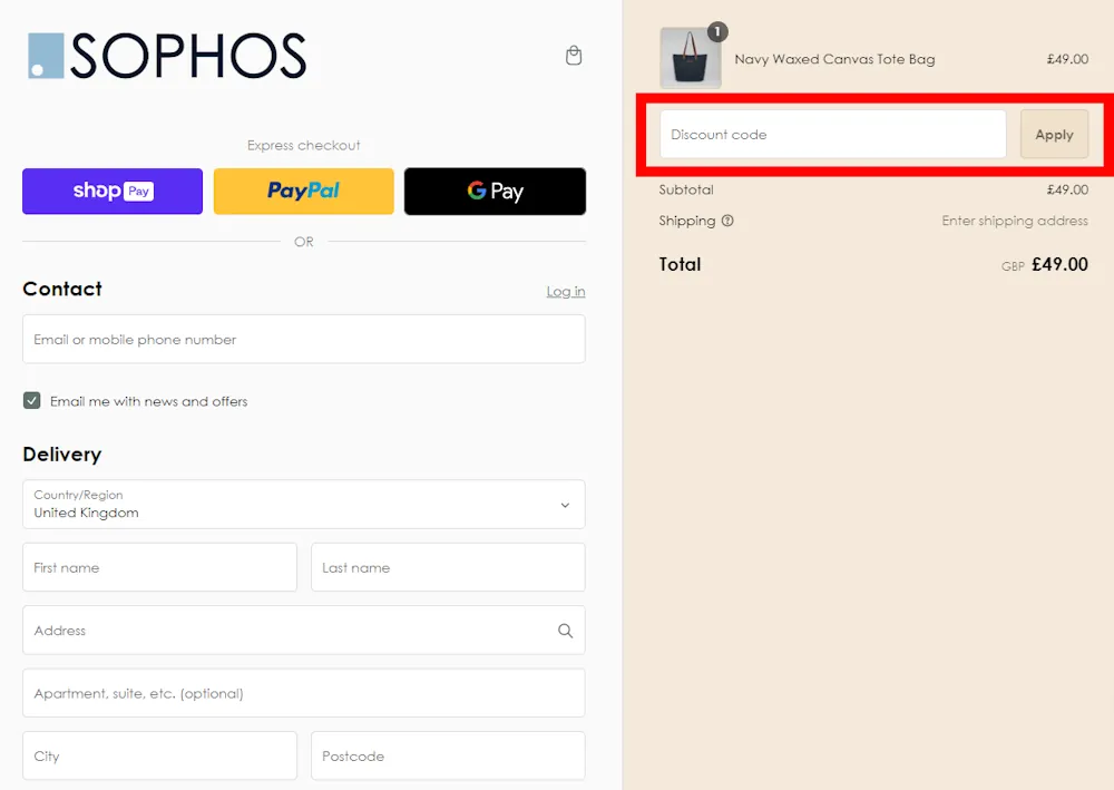 Image on how to enter a Sophos Lifestyle voucher code on www.sophoslifestyle.co.uk