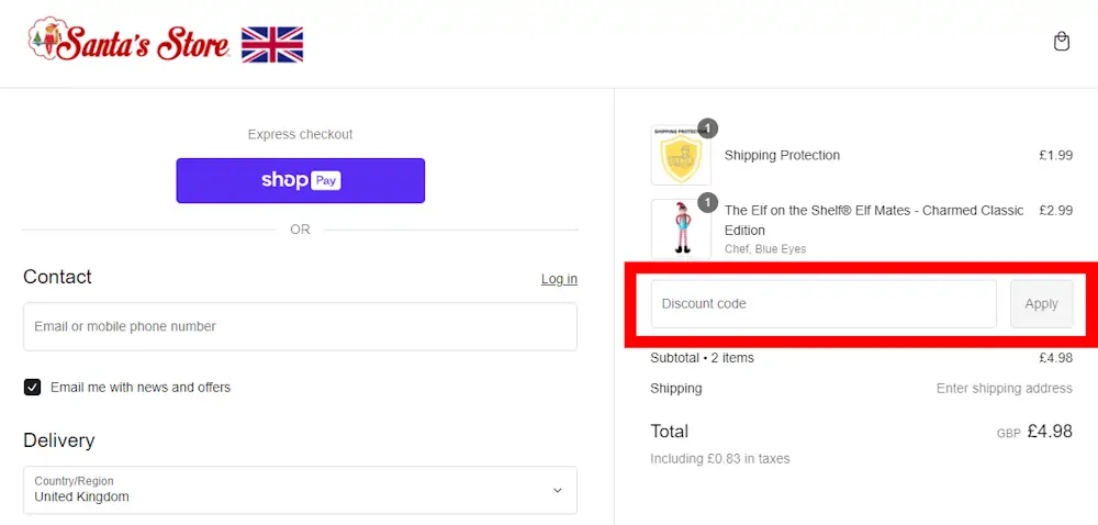 Screenshot of how to use a The Elf On The Shelf voucher code on shop.elfontheshelf.co.uk