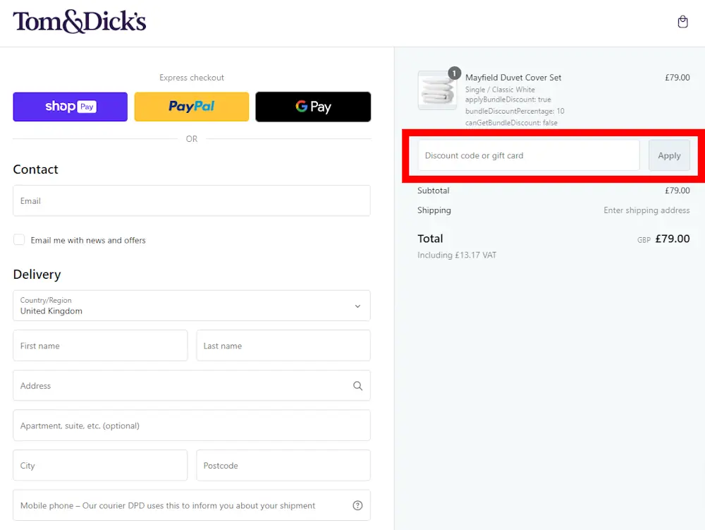 Instructions on how to enter a Tom & Dick's voucher code on tomanddicks.co.uk