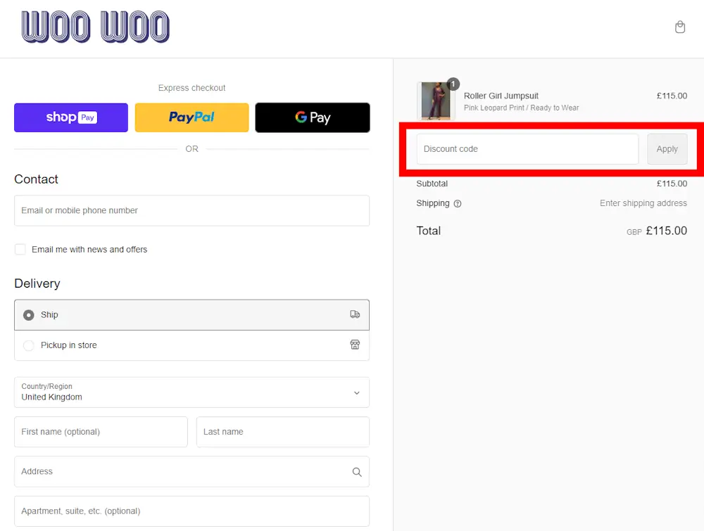 Screenshot on how to enter a Woo Woo Boutique voucher code at checkout on woowooboutique.co.uk