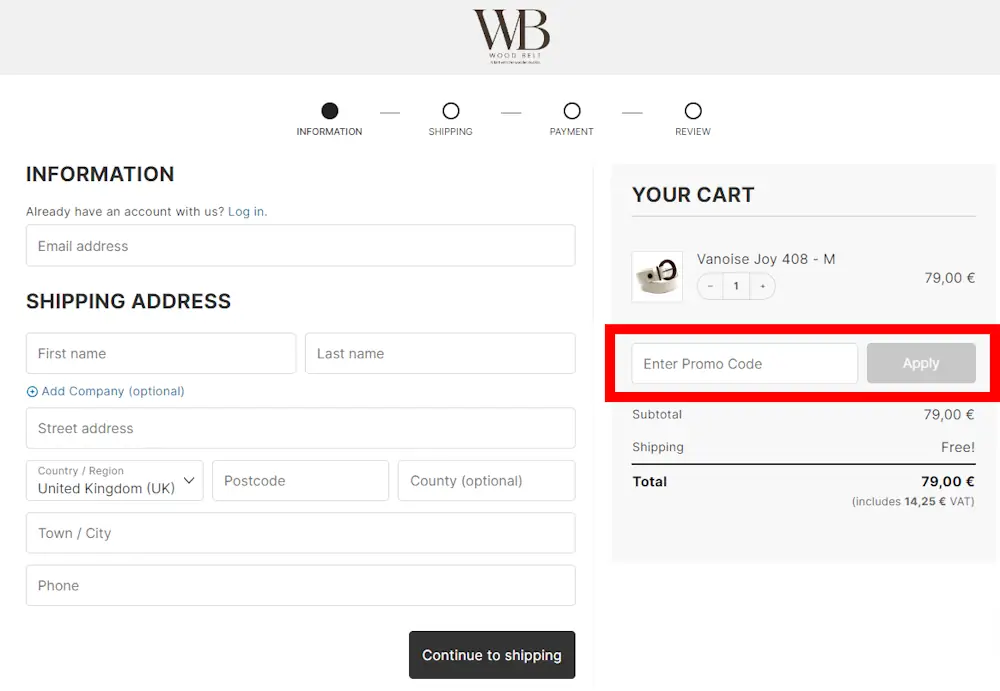 Screenshot showing where to apply a Wood Belt promo code during checkout on woodbelt.eu.