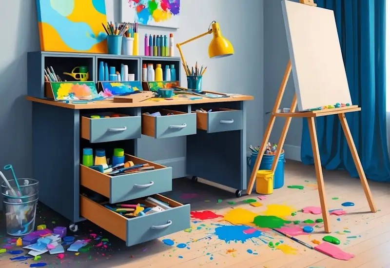 A cluttered desk with art supplies spilling out of open drawers, a canvas propped up on an easel, and colourful paint splatters on the floor