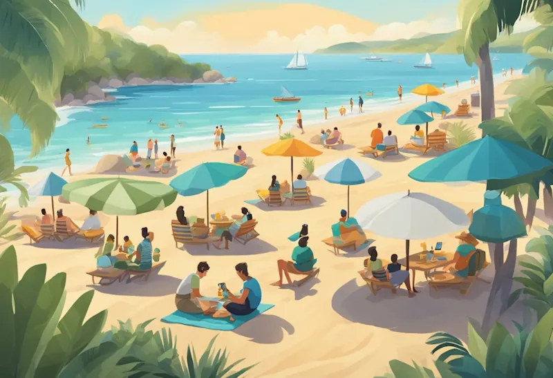 Friends and family enjoying a sunny beach under colourful umbrellas, showcasing a relaxing day at one of the best budget travel destinations.