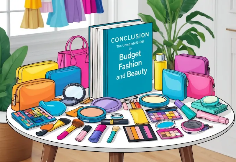 A colourful array of budget fashion and beauty items displayed on a table with a book titled "Conclusion The Complete Guide to Budget Fashion and Beauty" placed on top