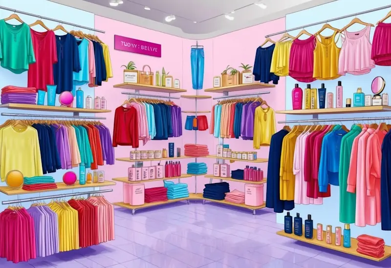 A colourful array of trendy, affordable clothing and beauty products displayed on shelves and racks in a bright, modern store setting