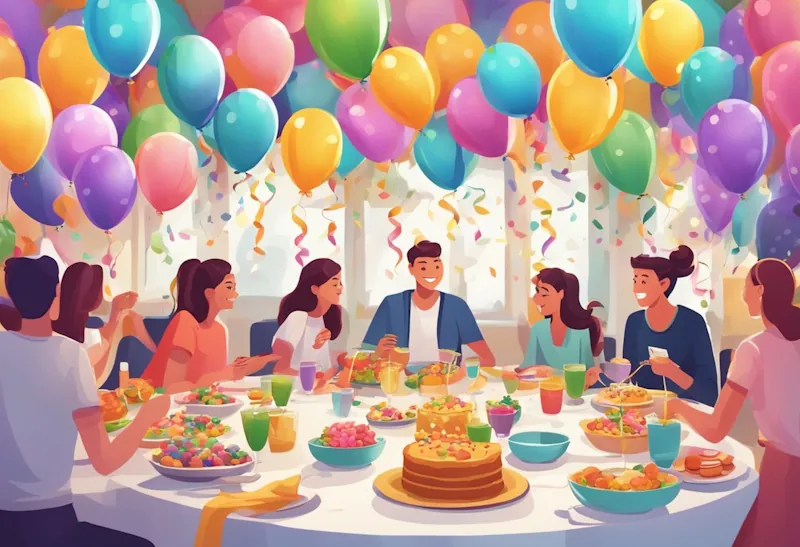 A festive table with colourful decorations, streamers, and balloons, surrounded by happy people enjoying budget-friendly celebrations