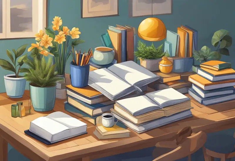 A table with various gift items, such as books, plants, and art supplies, displayed in an organized and appealing manner
