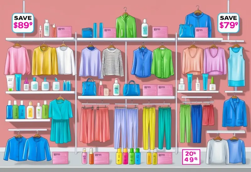 A colourful array of affordable clothing and beauty products displayed on shelves and racks, with price tags and discount signs visible