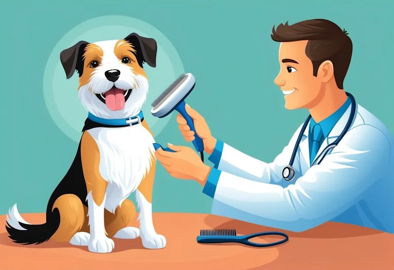 A happy dog getting groomed with a gentle brush and receiving a check-up from a caring veterinarian