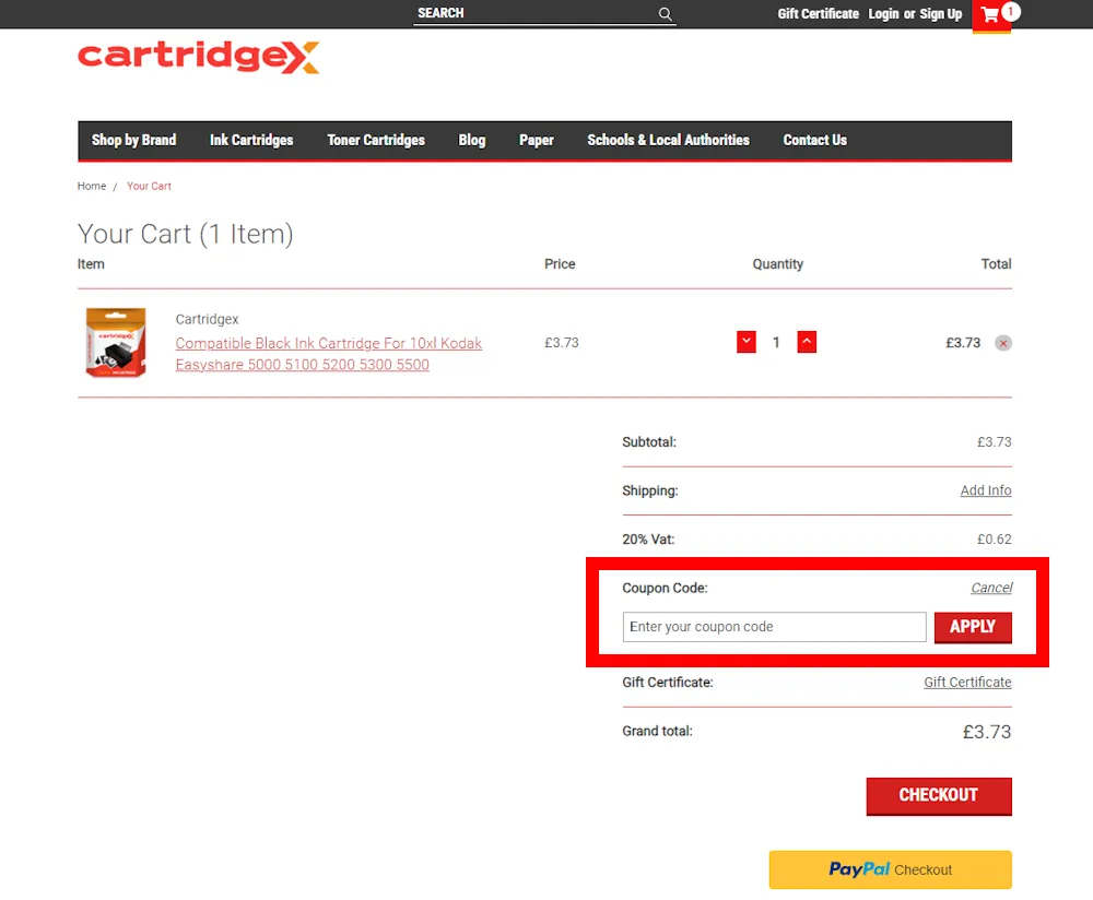 Screenshot showing where to apply a cartridgex promo code during checkout on cartridgex.co.uk.
