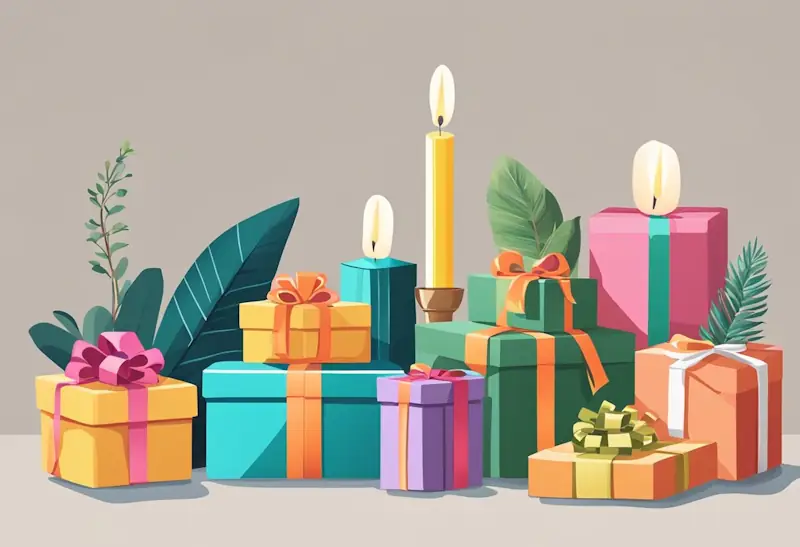 Colourful, wrapped presents arranged on a table with ribbons and bows. A variety of items such as books, candles, and plants are displayed as potential budget-friendly gift options