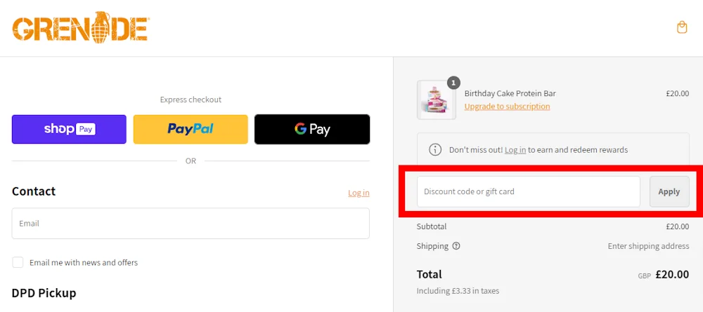 Instructions on how to enter a Grenade discount code at checkout