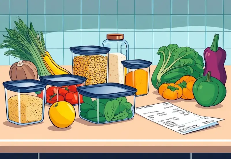 A kitchen counter with fresh produce, grains, and meal prep containers. A budget-friendly grocery receipt is nearby