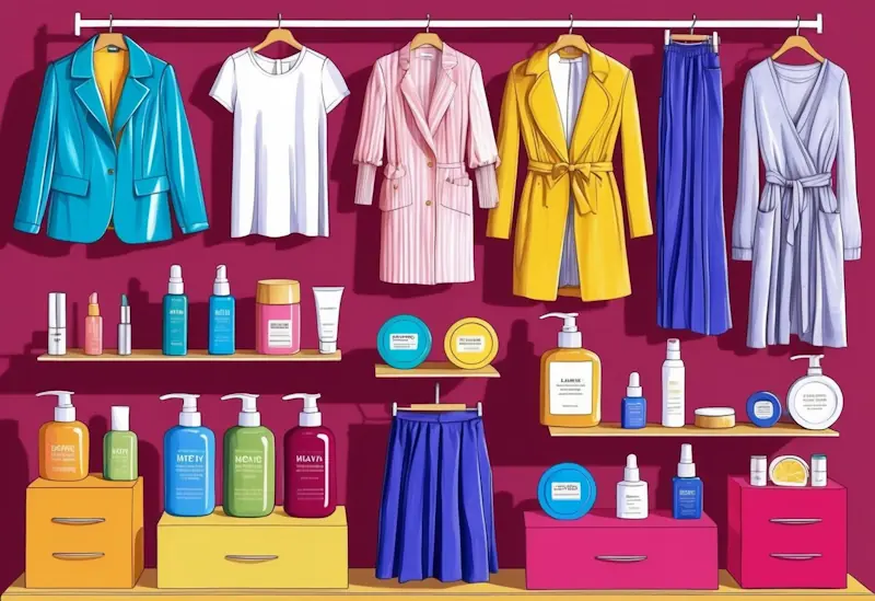 A colourful array of stylish clothing and beauty products arranged on a budget-friendly display