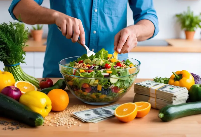 A person preparing a colourful salad at home, surrounded by fresh vegetables, fruits, and whole grains, while a stack of money sits nearby