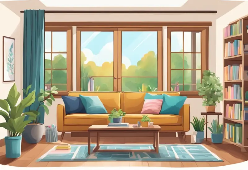A cosy living room with a shelf of DIY craft supplies, a stack of colourful magazines, and a window overlooking a peaceful garden