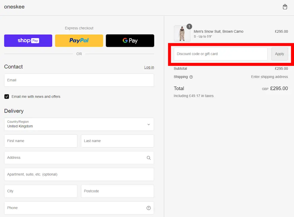 Screenshot showing where to apply a Oneskee promo code during checkout on www.oneskee.com.