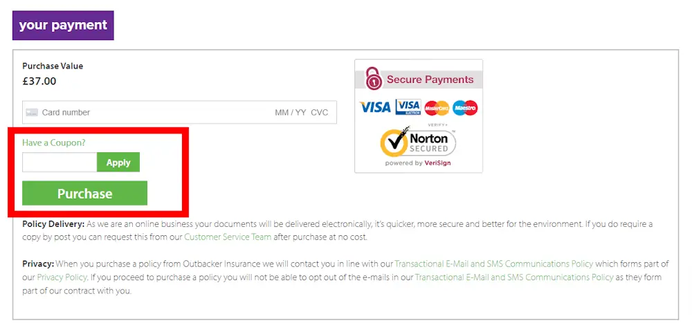 Screenshot showing where to apply a Outbacker Insurance promo code during checkout on www.outbackerinsurance.com.