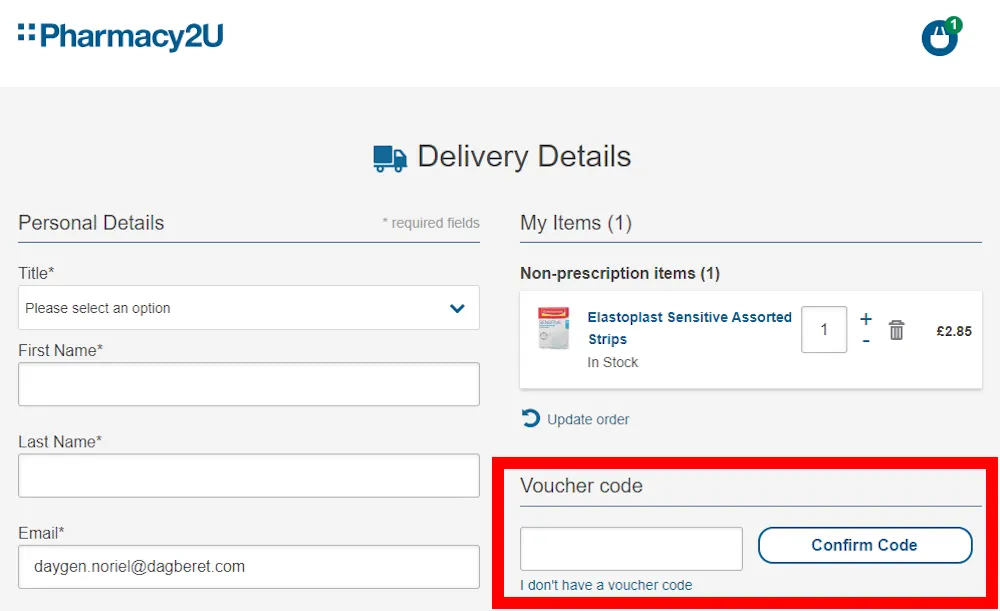 Instructions on how to enter a pharmacy2u discount code at checkout