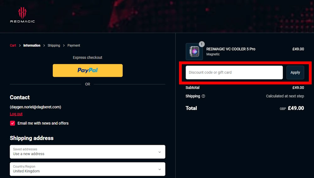 Instructions on how to enter a RedMagic voucher code at checkout