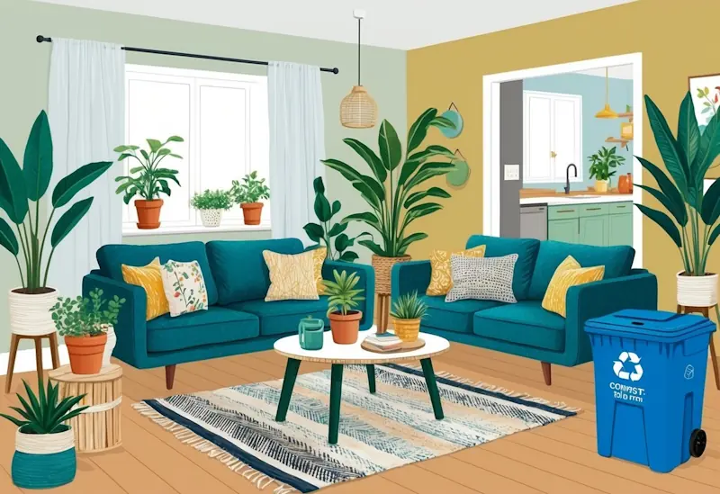 A living room with potted plants, upcycled furniture, and DIY reusable items. A compost bin and recycling station are visible in the background