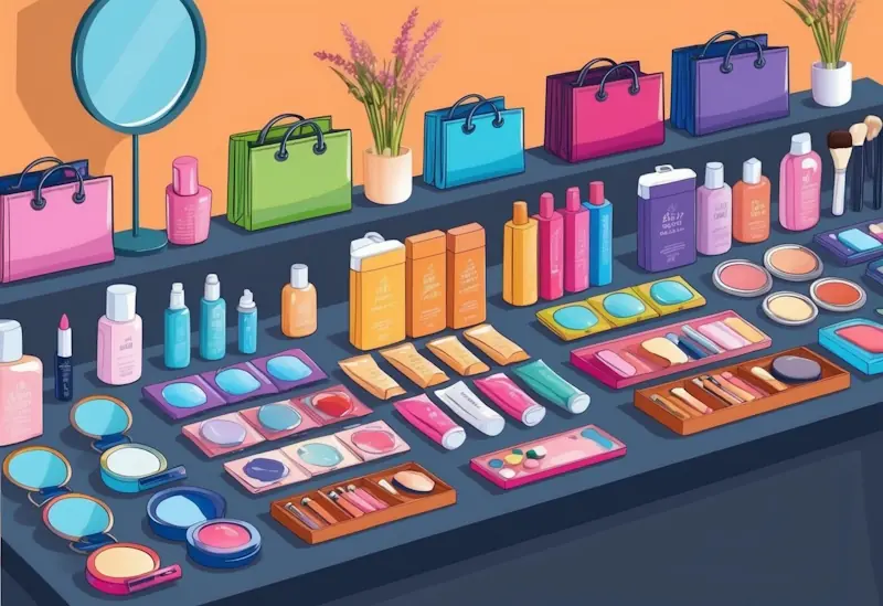 A colourful array of fashion and beauty items arranged neatly on a budget-friendly display table