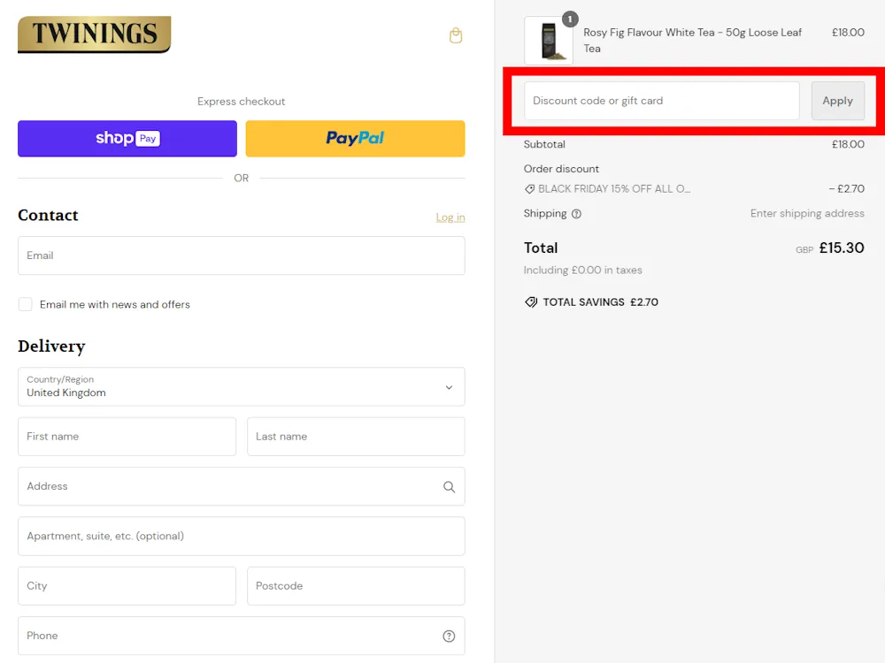 Instructions how to enter a verified discount code for Twinings on twinings.co.uk