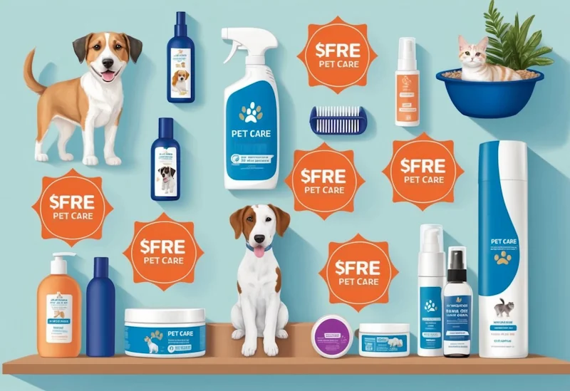 A variety of pet care products and services are displayed with discount codes prominently featured for affordability