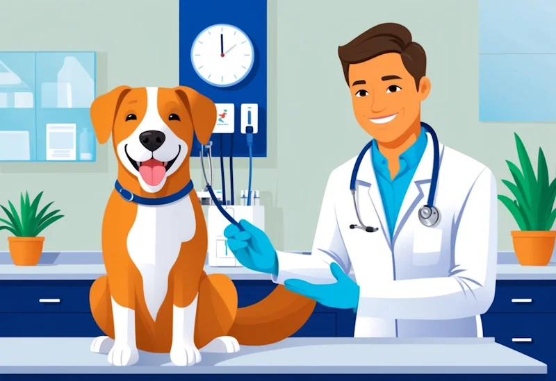 A smiling dog receiving affordable veterinary care in a clean, modern clinic with a caring veterinarian