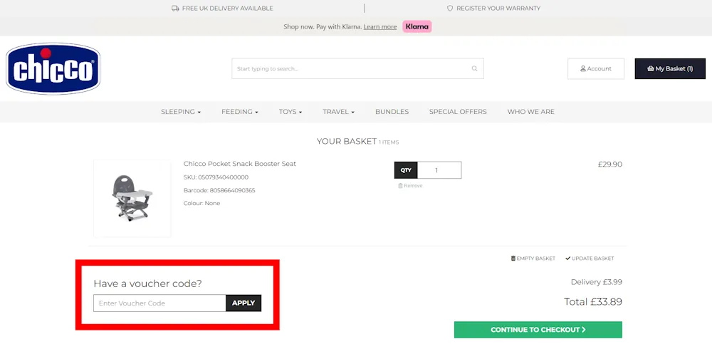 Screenshot showing where to apply a chicco promo code during checkout on www.chicco.co.uk.