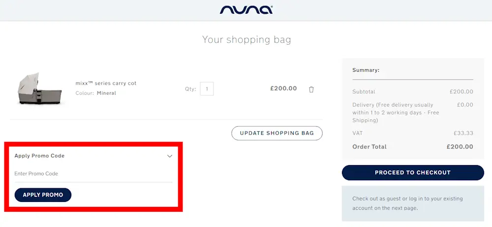Screenshot showing where to apply a Nuna voucher code during checkout on nunababy.eu.