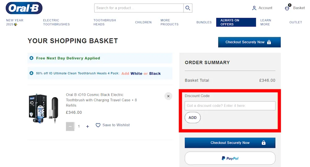 Verified instructions on how to enter our Oral-B voucher code at checkout.