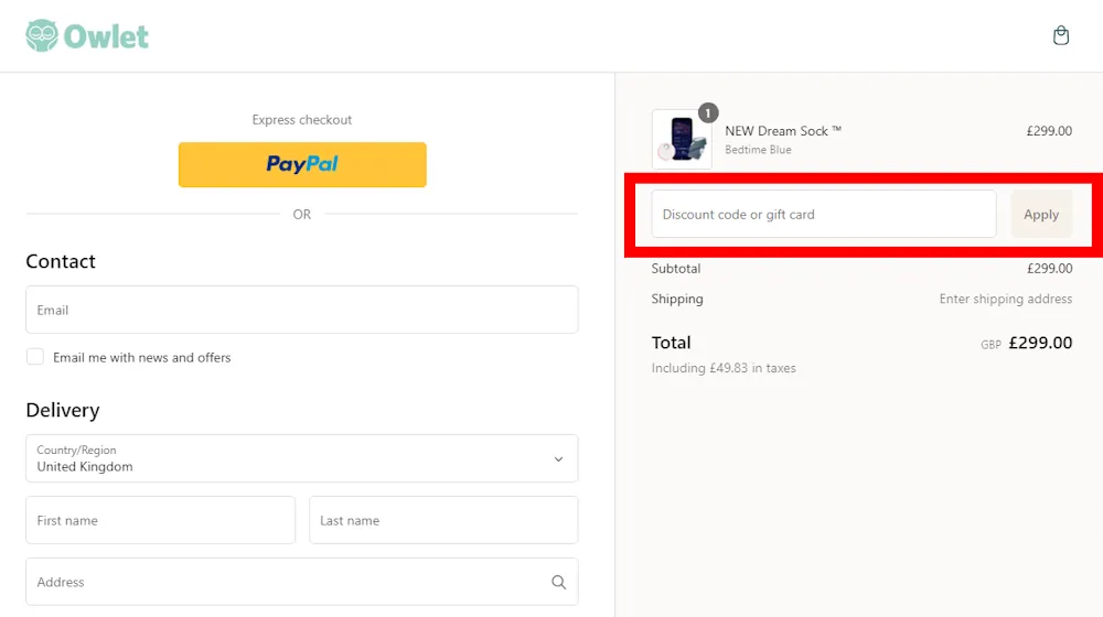 Screenshot of where to enter a Owlet voucher code on owletbabycare.co.uk