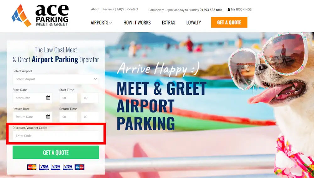 Image of how to enter a Ace Airport Parking voucher code on www.aceairportparking.co.uk.