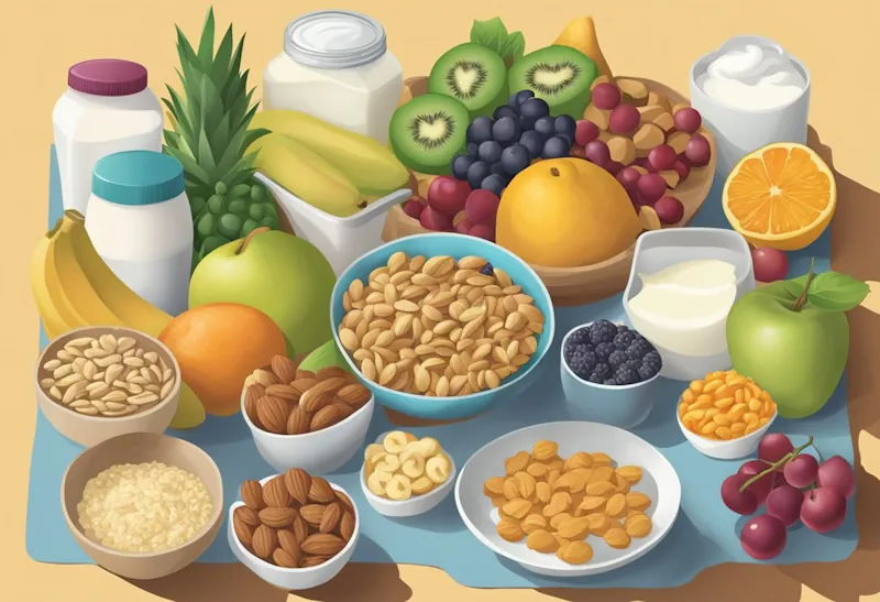A variety of healthy snack options displayed on a table, including fruits, nuts, and yogurt, with a prominent sign indicating "Affordable Snack Substitutes."