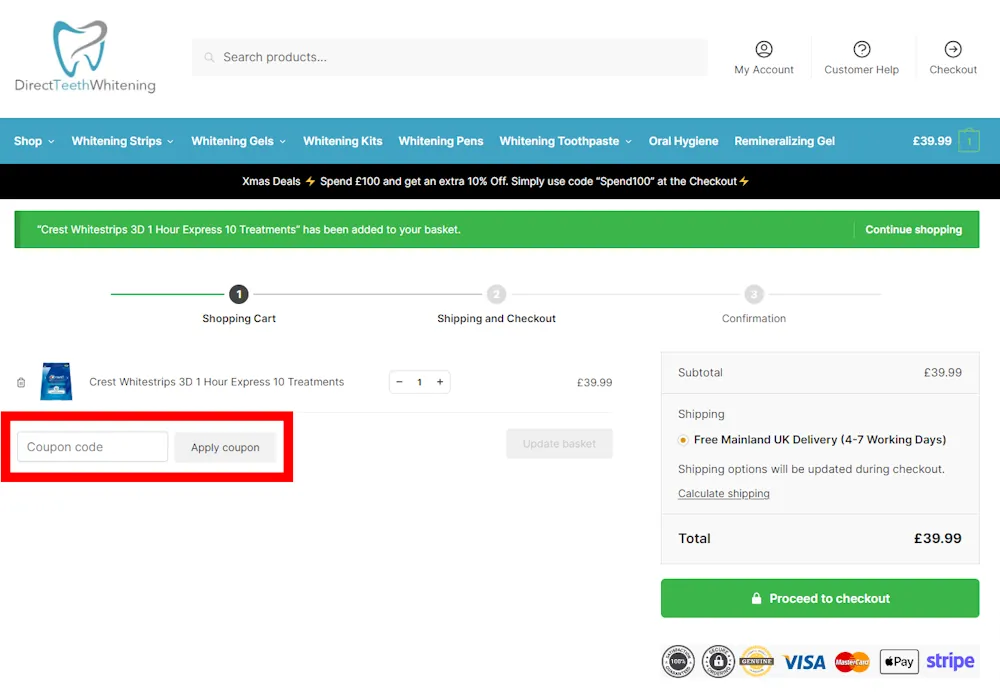 Verified instructions on how to enter our Direct Teeth Whitening voucher code at checkout.