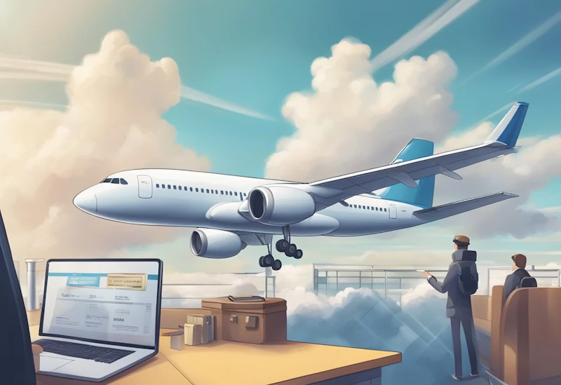A plane flying through a cloudy sky with a ticket being scanned at a check-in counter